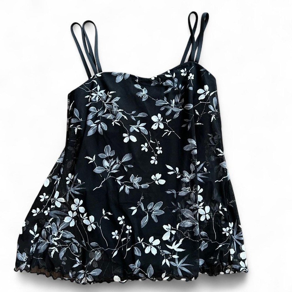 Vintage 90s Black & White Floral Mesh One Piece Swimsuit Dress 14